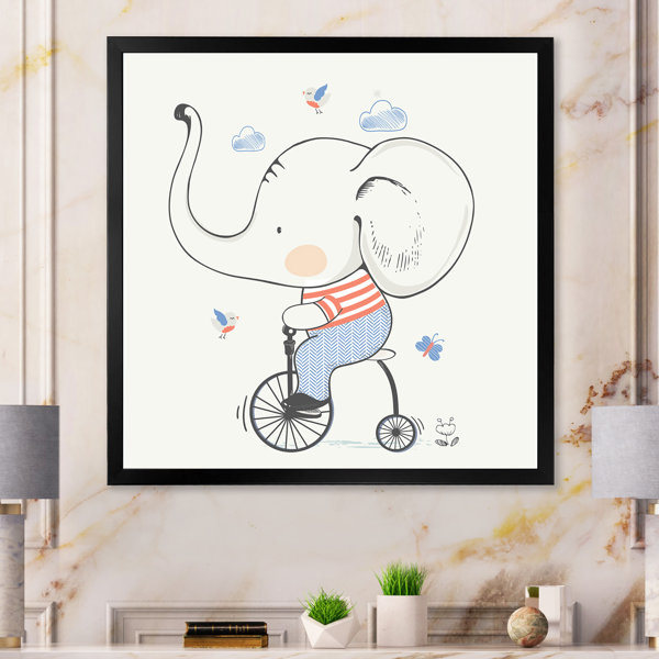 Zoomie Kids Cute Baby Elephant Bicycle Cartoon Framed On Canvas
